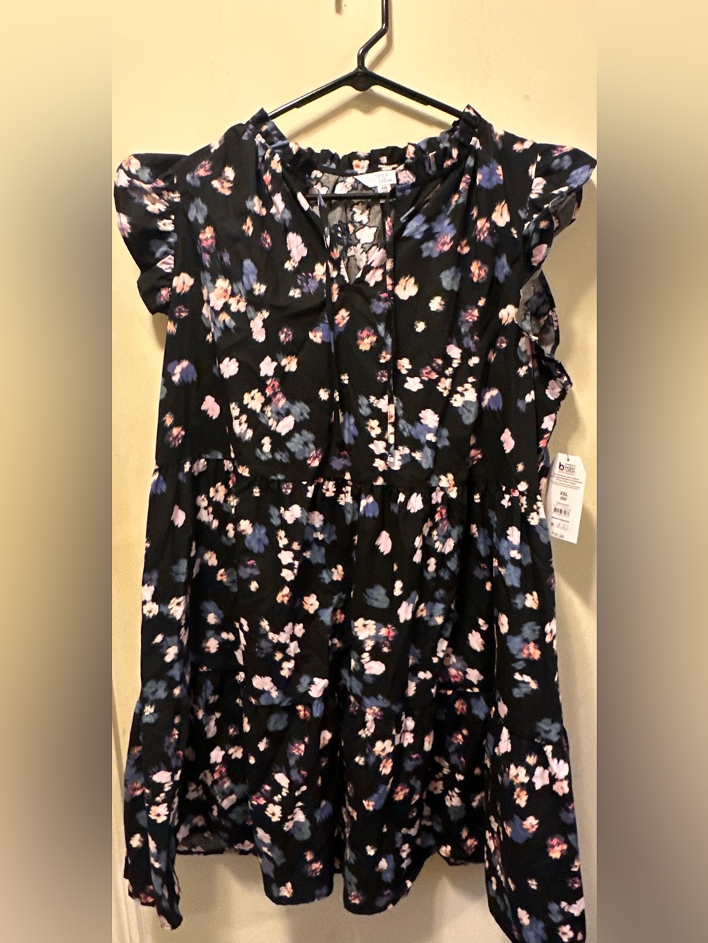 NEW. Time and Tru Dress Black Floral Ruffle Sleeve